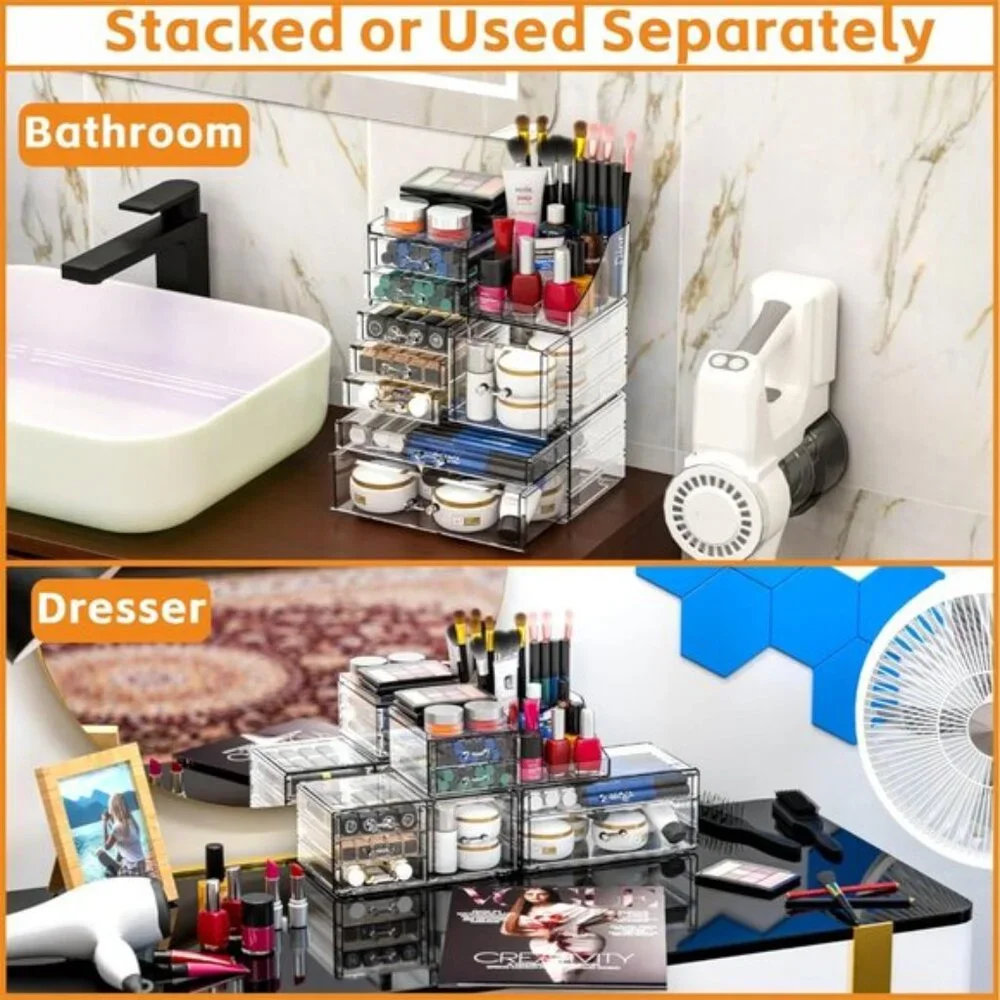 Clear Makeup Organizer, 8-Drawer Stackable Vanity Storage for Skincare & More